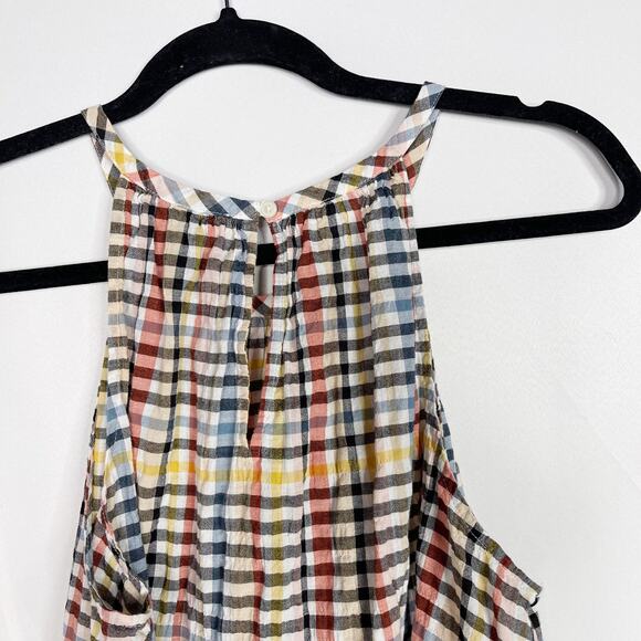 LOFT Medium M Plaid Tiered Ruffle Sleeveless Blouse Red Yellow Black Crew Neck - Picture 6 of 9